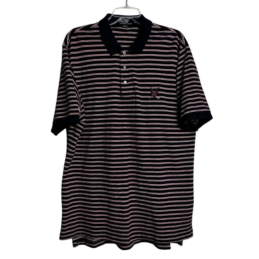 Polo Ralph Lauren Mens XL Striped Golf‎ Crest Polo Shirt Navy Blue Red Cotton